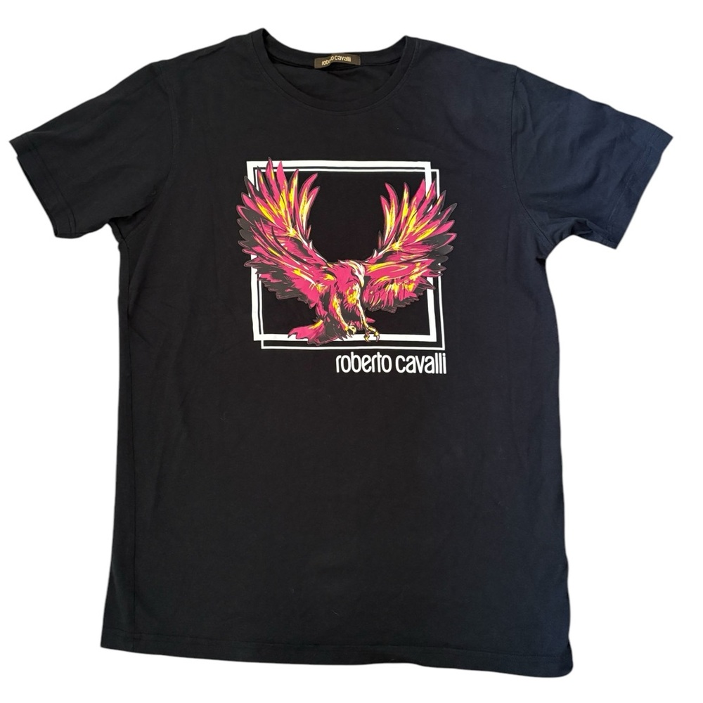 Roberto Cavalli HST604 Black Graphic Crew Neck 100% Cotton  T-Shirt Sz XL